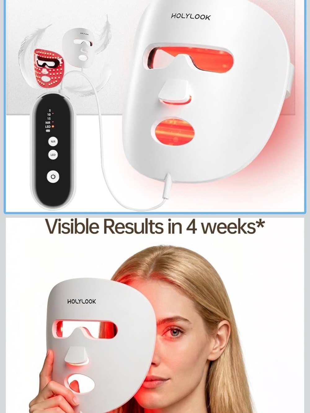 HOLYLOOK LED Light Therapy Facial Mask with Red Light for wrinkles and acne